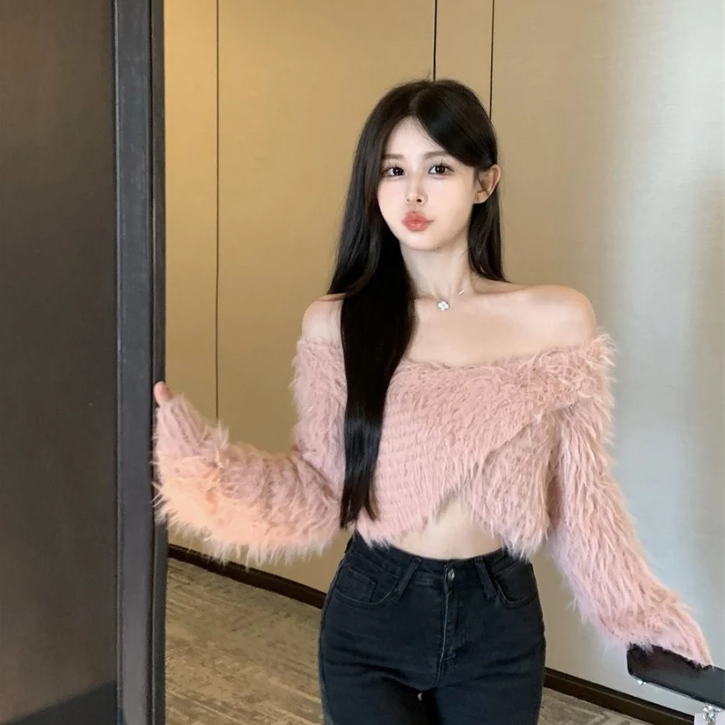 Slash Neck Pullover Women Long-sleeve Fluffy Crop Tops Knitting Velvet Slim Hotsweet Girlish Basic Soft Loose Chic Gentle Cozy