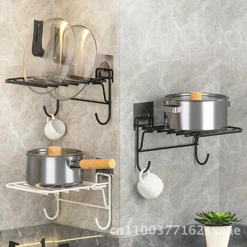

Неперфорированная настенная многослойная полка для кастрюль, современный минималистичный кухонный органайзер для хранения из углеродистой стали, черный/белый