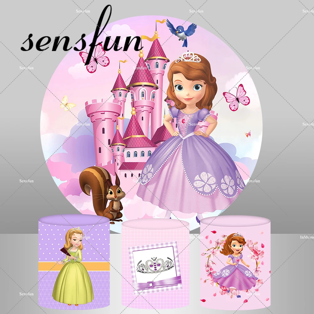 

Purple Princess Sofia Bunny Castle Round Backdrop Baby Shower Girl Birthday Party Decor Plinth Cover Background Studio Supplier