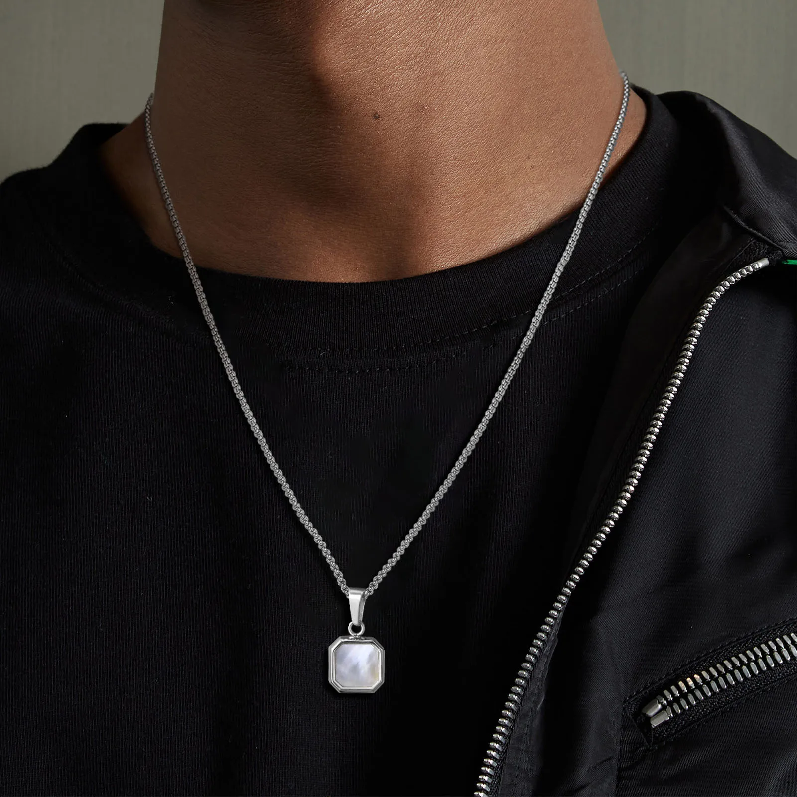 Men Stylish Geometric Square Stone Necklaces, 15mm Shell Pendant with Box Chain, Casual Male Boy Neck Collar Gifts Jewelry