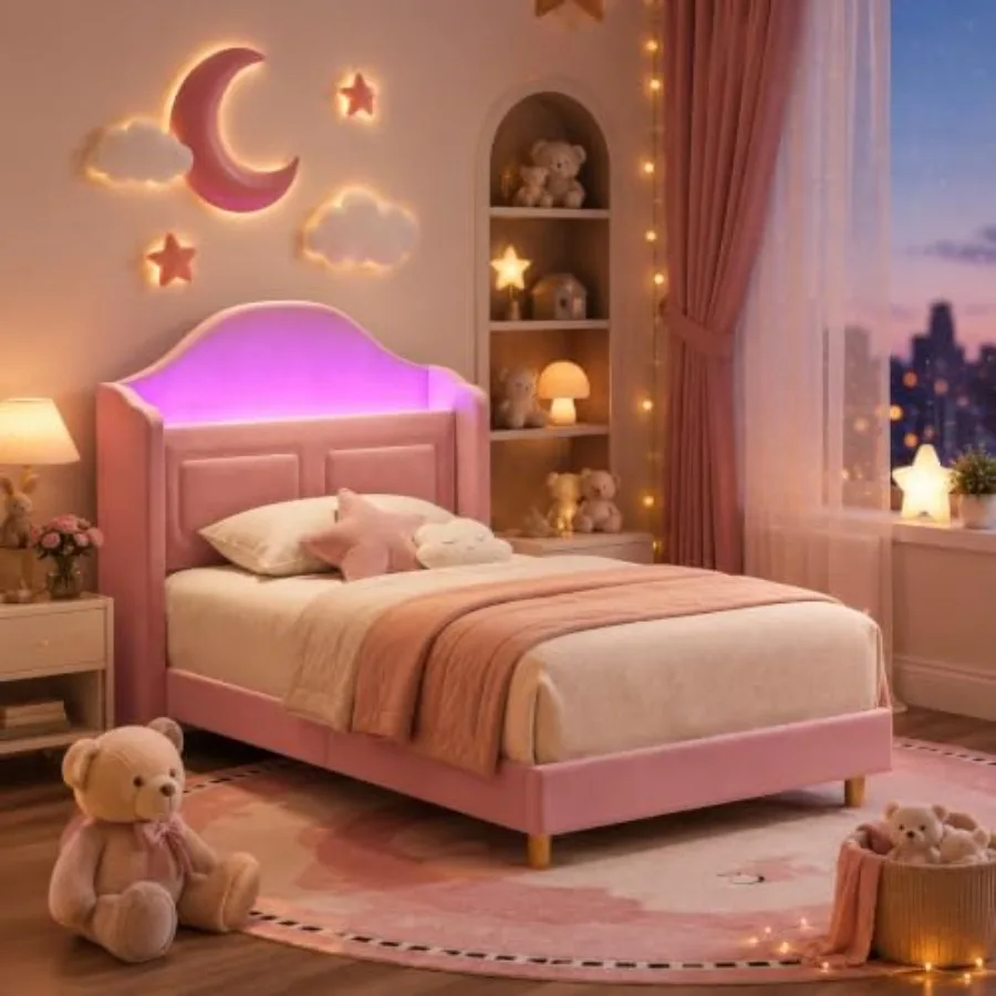 Twin Bed Frames for,Upholstered Platform Bed with LED Lights, Modern Design, Gray and White, Soft Fabric, Easy Assembly, Perfec