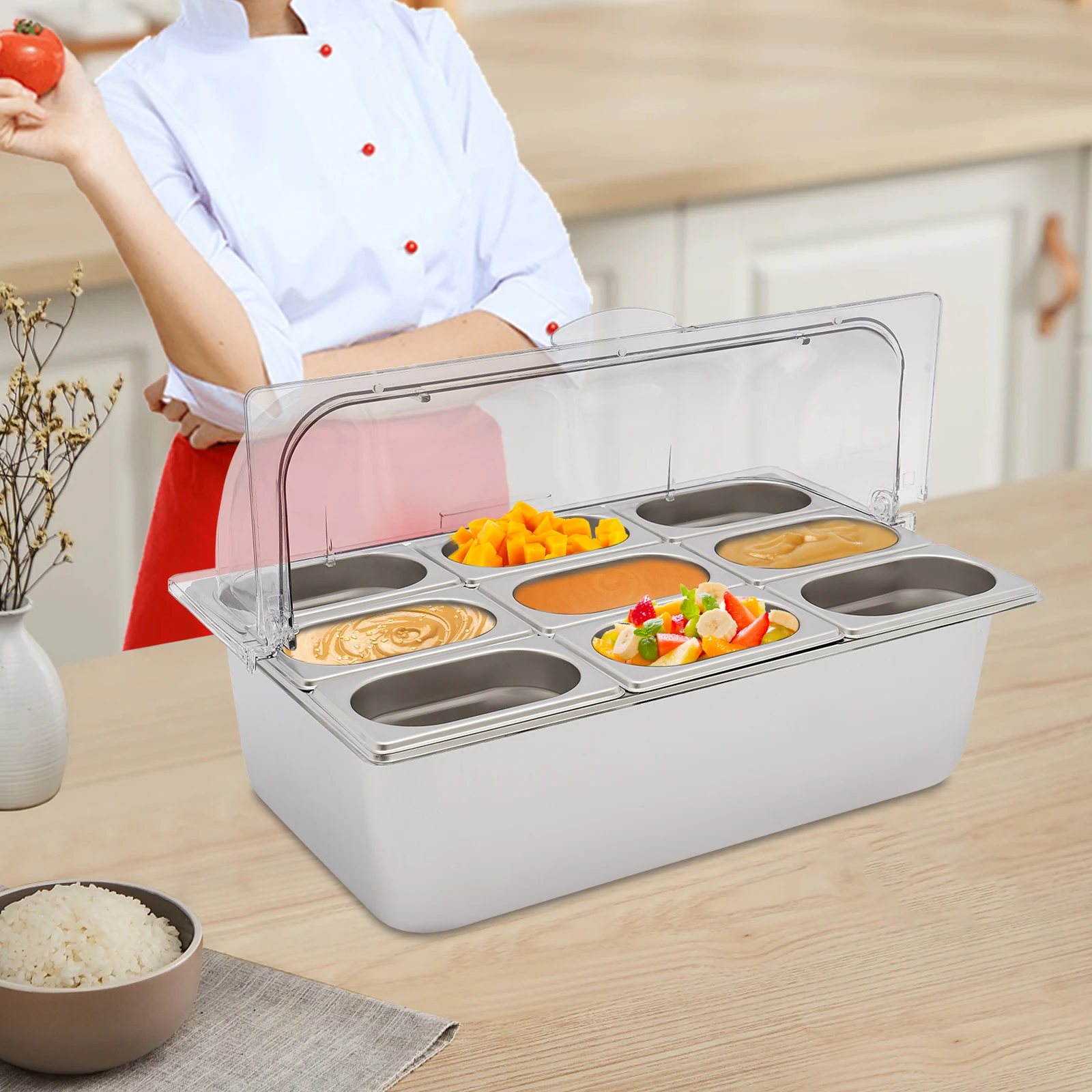 

Condiment Organizer, Food Container, Serving Container, 9-Section Stainless Steel Fruit Tray with Transparent Lid, 9 Clips, Spoons, Ice Bags