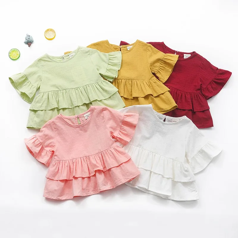 

Baby Kids Girls Cute Flare Sleeve Solid Color Ruffle Cake Dress Clothes 2024 Summer Casual Wear Hot Sale Vestido