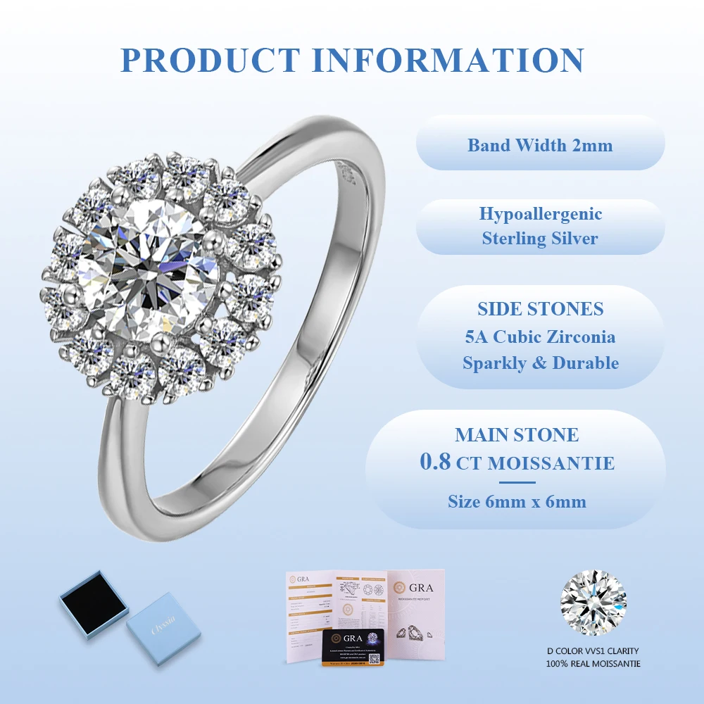 

Halo Rings D Color Moissanite Wedding Band Ring 925 Sterling Silver 18k White Gold Plated for Women Ladies Fine Jewelry with GRA