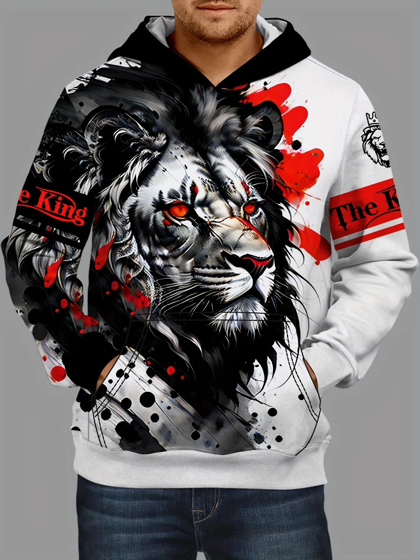 Толстовка с 3D-принтом Lion Graphic — мягкий удобный свободный крой, модный пуловер с капюшоном и карманом-кенгуру, осенняя мужская одежда для повседневного использования в Дай