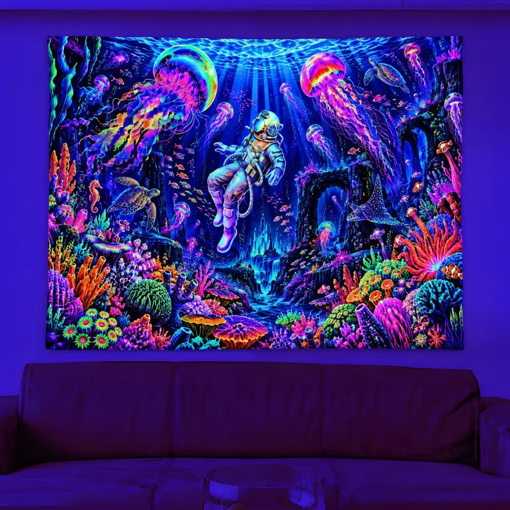 Blacklight Under The Sea Tapestry Durable Soft Microfiber Horizontal Wall Hanging Decor For Bedroom Patio Garden Parties