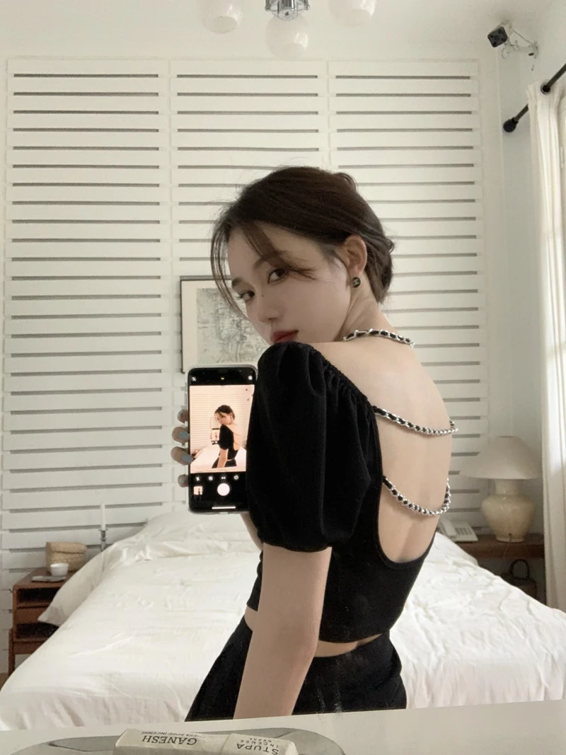 

Summer New Design Sense Irregular Short Sleeve T-shirt Chain Short Top