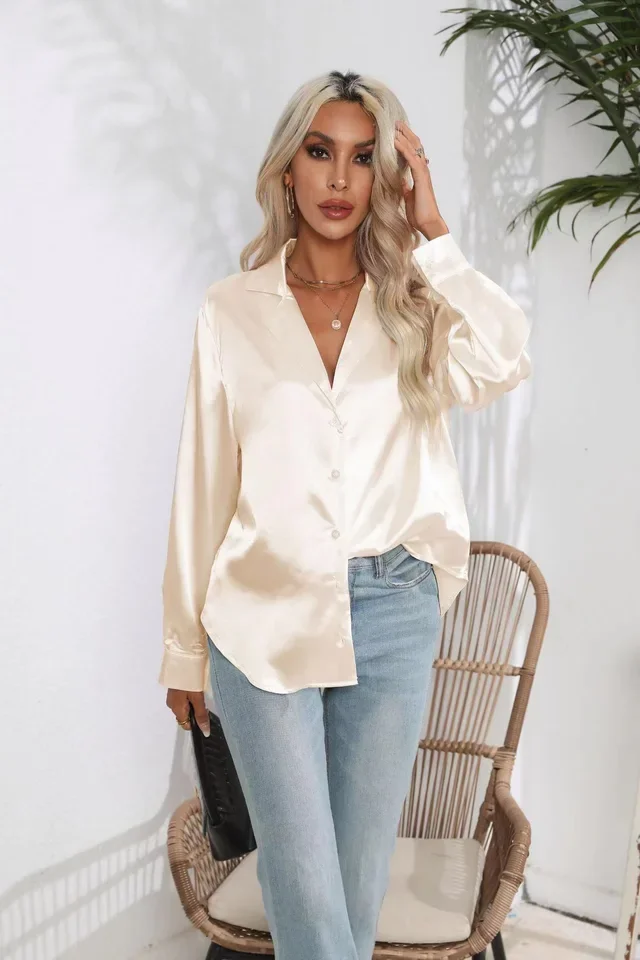 Elegant Women's Shirt Satin Silk Long Sleeve Shirt Summer Solid Office Lady Lapel Button Blouse Women Tops Clothing
