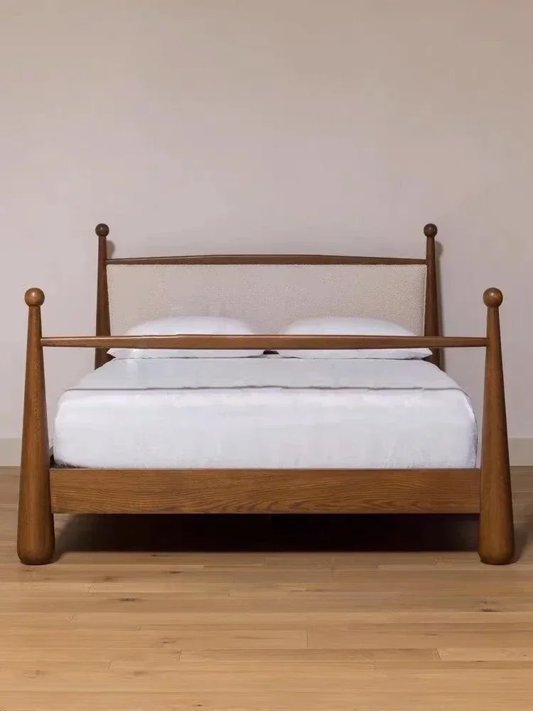 Cama de casal retrô americana de madeira maciça 1.8, cama de casal nórdica simples e macia para crianças, estilo wabi-sabi moderno