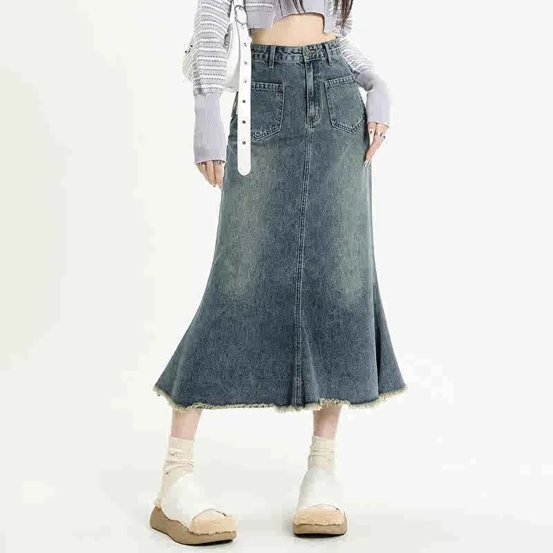 

Синяя джинсовая юбка в стиле ретро для женщин, весна-лето 2023, облегающее платье русалки с большими карманами, корейские юбки трапециевидной формы с высокой талией