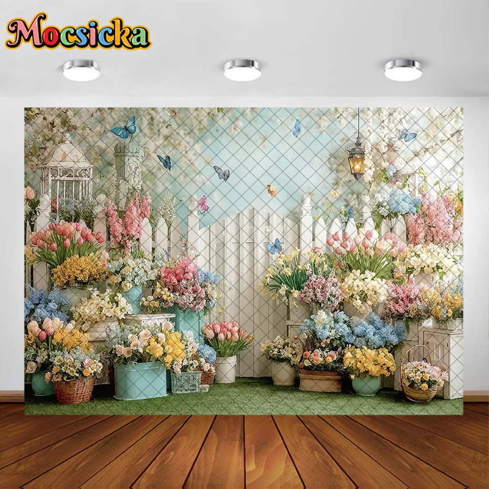 Mocsicka Photography Background Spring Flower Butterfly Fence Decoration Backdrop Baby Shower Newbron Party Portrait Studio Prop
