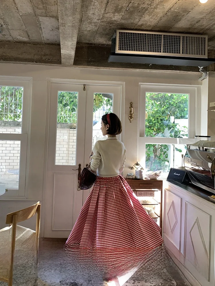 

High Waist A-Line Skirt ARE GuaGua 100% Cotton Retro Red Plaid Women's Spring Sweet Style Loose Slimming Skirt