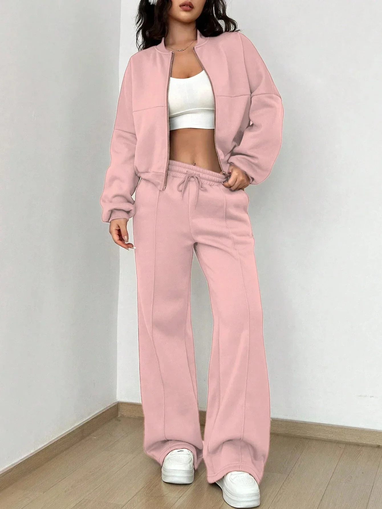 Women\'s Spring and Autumn New Fashion Trend Cardigan Zipper Coat + Elastic Waist Wide Leg Pants Solid Color Two-piece Set Y2k