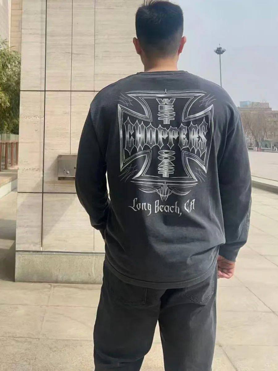 West Coast Heavyweight Streetwear Vintage Washed Long Sleeve T-Shirt Men's Loose Fit Cross Print Casual Cotton Top
