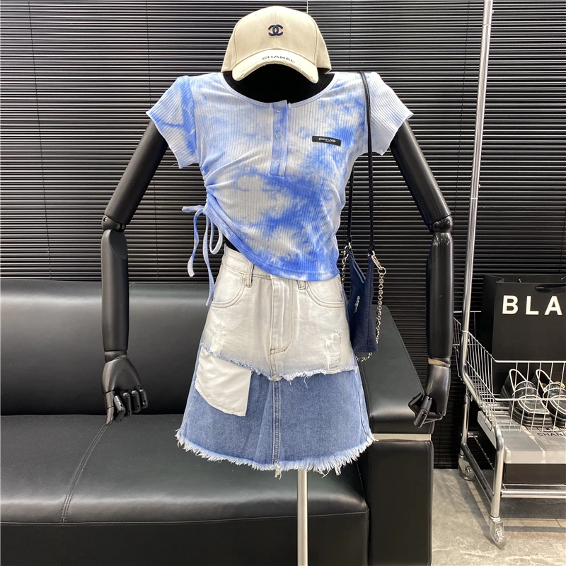 New 2022 fashion Designer new style Famous brand tie-dyed Exposed navel Short T-shirt Drawstring Tight fitting Top