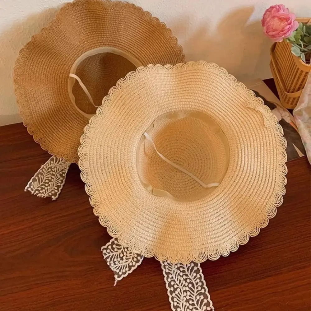 หวานขนาดใหญ่ Brim หมวกฟาง Breathable Sunshade หมวกลูกไม้หมวกชายหาดพับได้ผู้หญิง