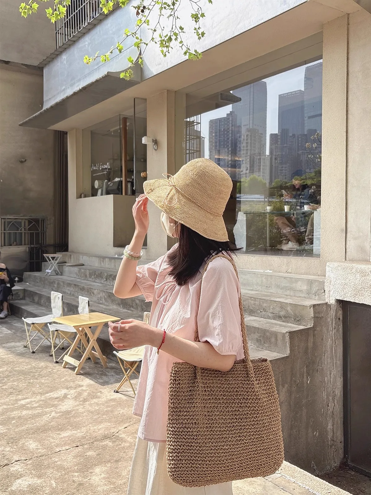 

Xiao Yan's Gentle Pink ort Sve irt Women's Summer Loose Slimming Belted Sweet Top Cotton Polyester Blend Bubble Sve