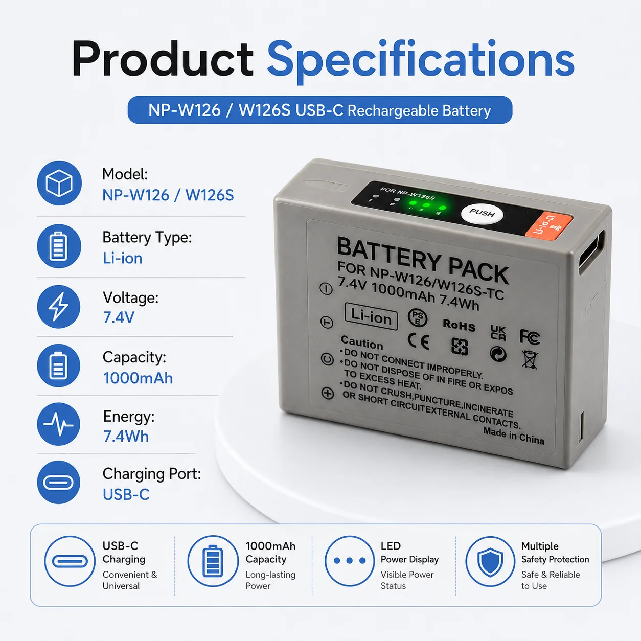 NP-W126S NP-W126 USB-C Rechargeable Camera Battery for Fujifilm XT30II XM5 X100VI X100V XS10 XT30 XT20 XE4 Type-C Charging