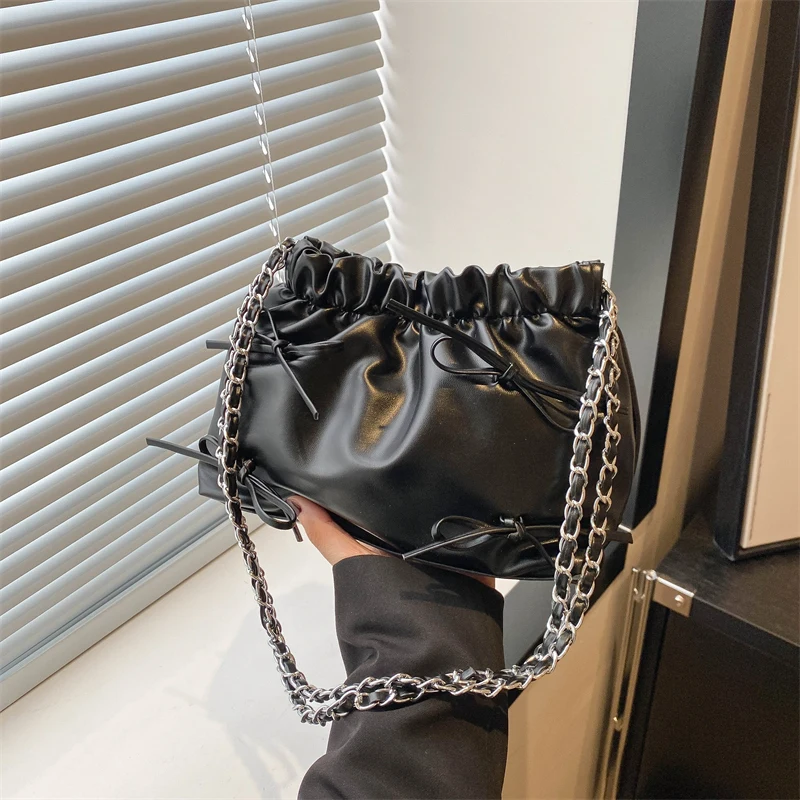 Fashionable Soft Leather Bucket Bag Women's Crossbody Shoulder Bag Stylish Trendy Chain Strap Bag Simple Versatile 2024 New A...