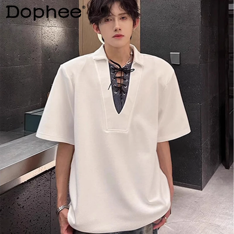 

V-neck Splicing Lace-up Shoulder Padded Short-sleeve Tops Men's 2025 Summer New Niche T-shirts Men's Faux Two-piece POLO Shirts