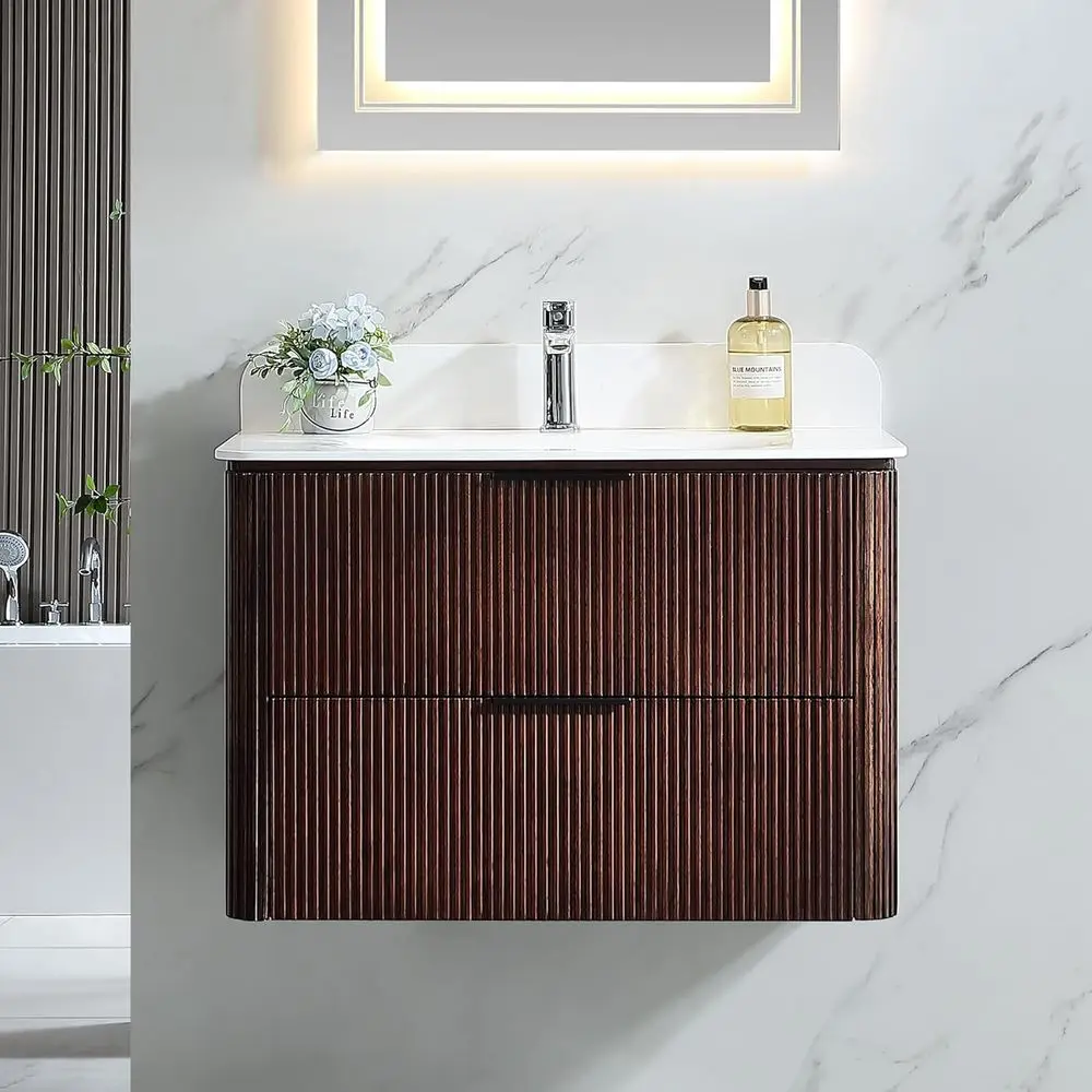 

30 Inch Wall-Mounted Floating Vanity with Sink, Pre-Assembled Plywood Cabinet, Soft-Close Drawers, Metal Handles