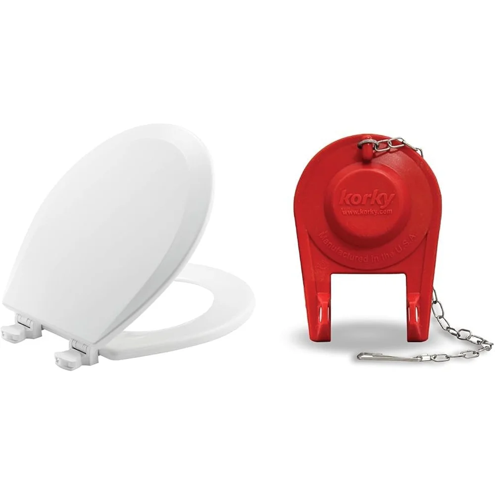 Toilet Seat with Hinges and Korky Ultra High Performance Flapper Bundle Most Toilets Manual Operation Engineered Wood Plastic