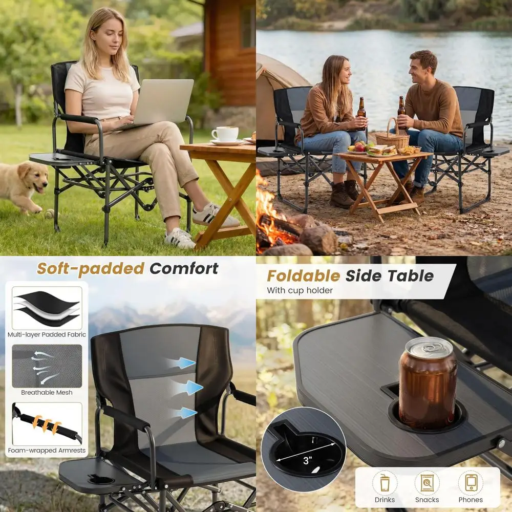 

Portable Heavy-Duty Camping Chair with Side Table and Cup Holder, Padded for Outdoor Activities, Supports 500 LBS