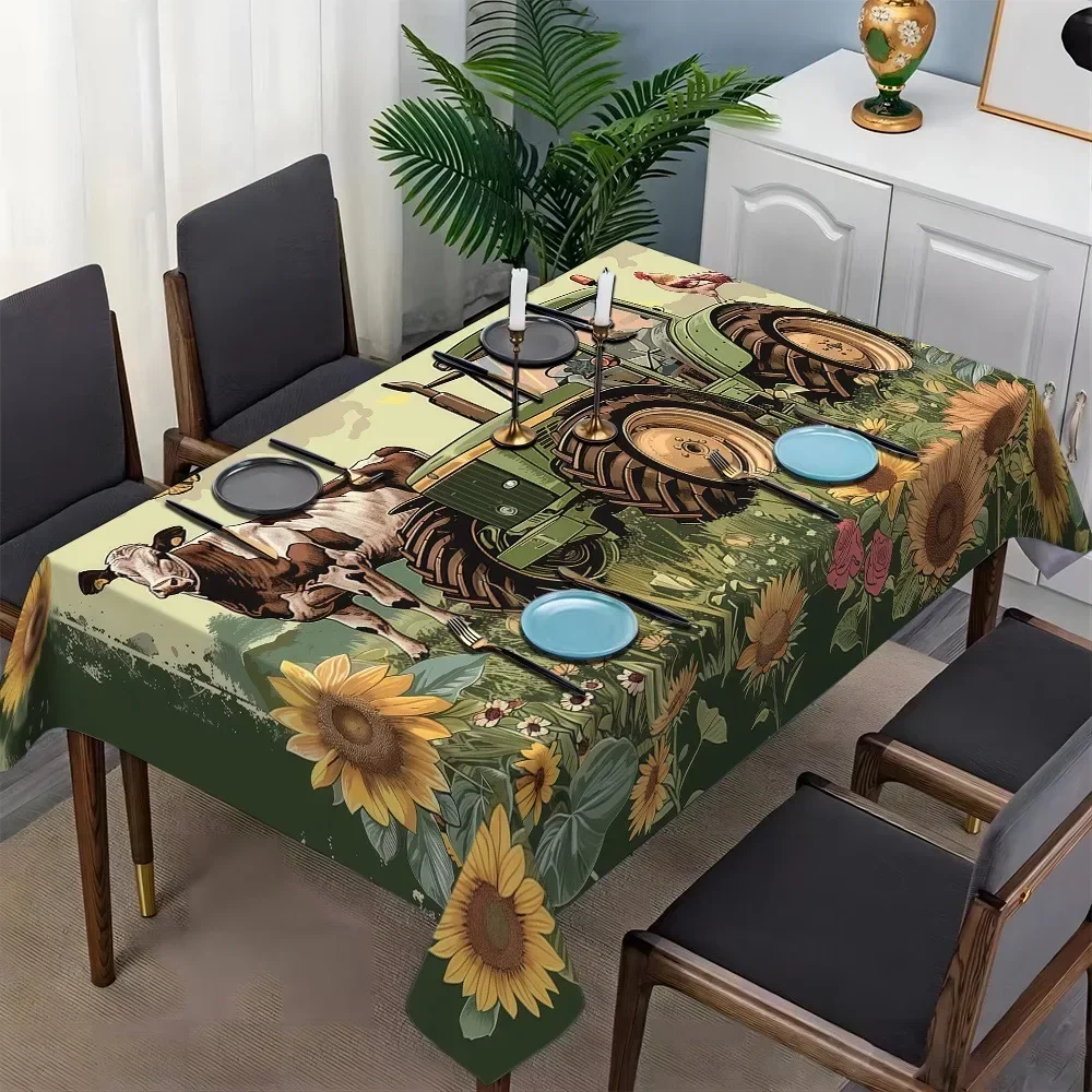 1pc farm tractor and sunflower tablecloth - rural green rectangular tablecloth, yzb