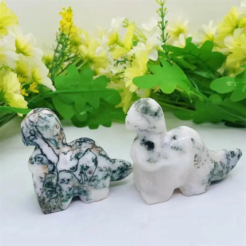 

8cm Natural Moss Agate Dinosaur Carved Powerful Animal Statue Healing Crystal Crafts For Home Decoration Accessories 1pcs