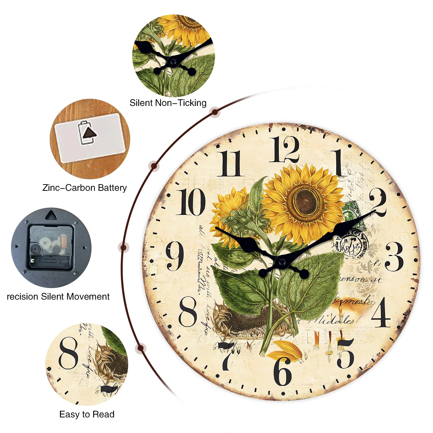 1pc Retro Wood Wall Clock, Two Sunflower Flower Design Wall Clock, Non-Ticking Silent Wall Clock, Home Living Room Decoration