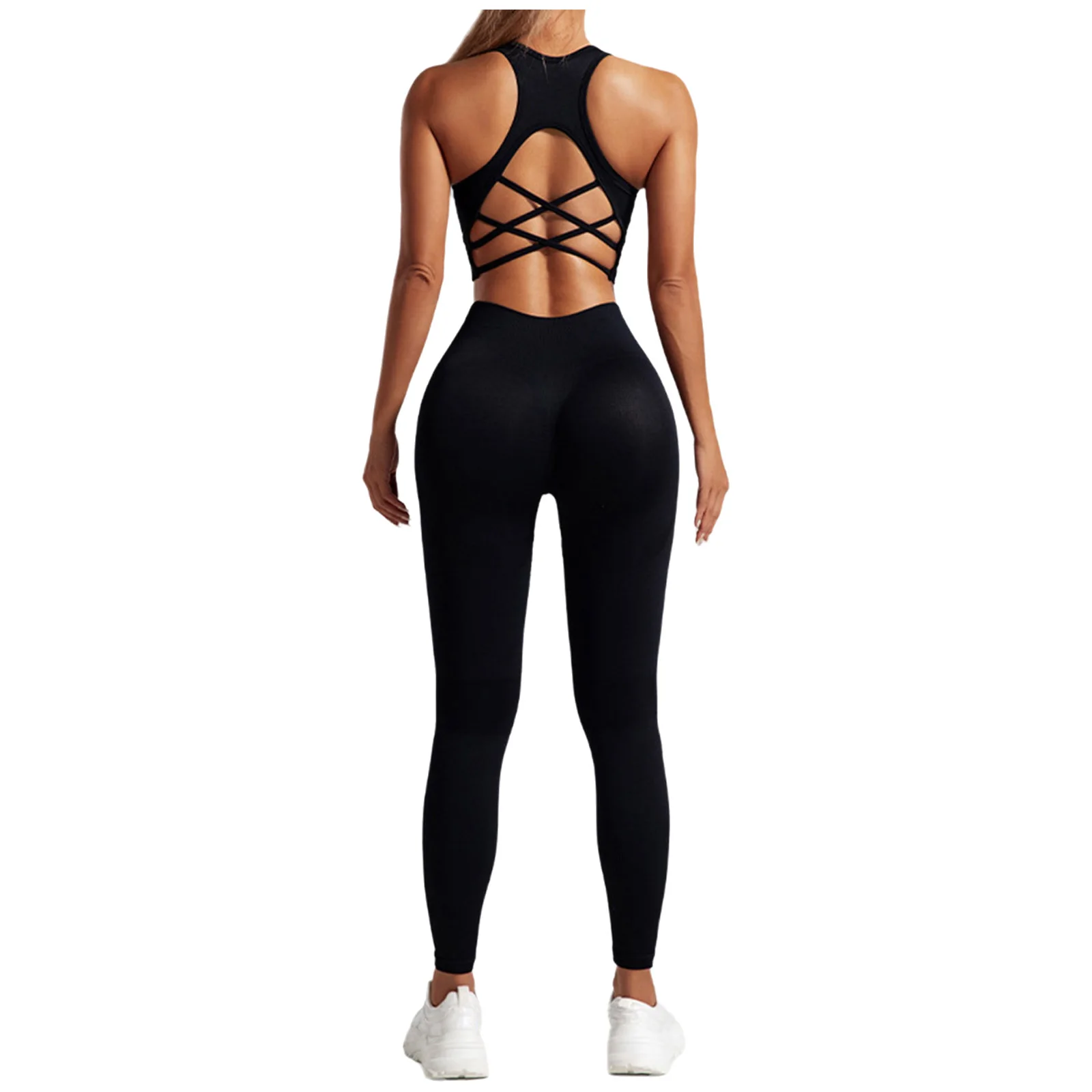 S-L Women U Neck Sleeveless Crisscross Back Crop Top & High Waist Leggings Yoga Set for Gym Workout Fitness