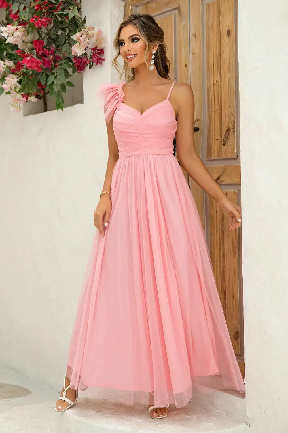 

EINY y2k Elegant Women A Line Pink Mesh Long Dress Removable Straps Pleated V Neck Long Wedding Formal Slit Dress Birthday Skirt