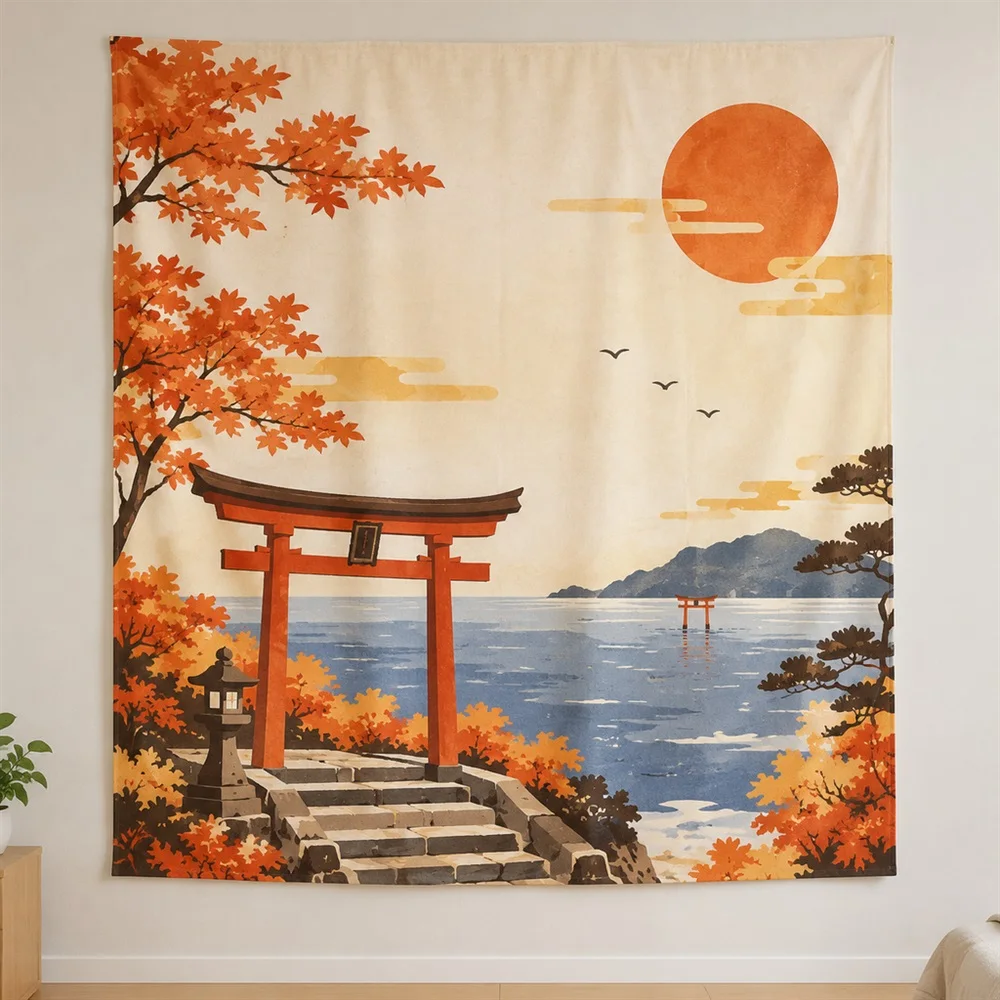 VIKAMA Torii Gate Scene Clustered Groups Tapestry Wall Hanging, Japanese Wall Decor Tapestries for Living Room Bedroom Kids Room