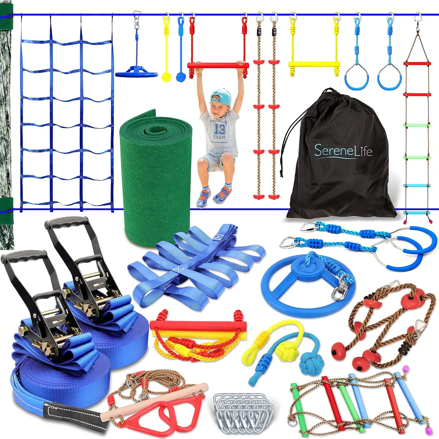 

Ninja Obstacle Course for Kids - 2x50FT Outdoor Training 2 Slackline Equipment w/Trapeze Swing; Hanging Wheel, Rings,