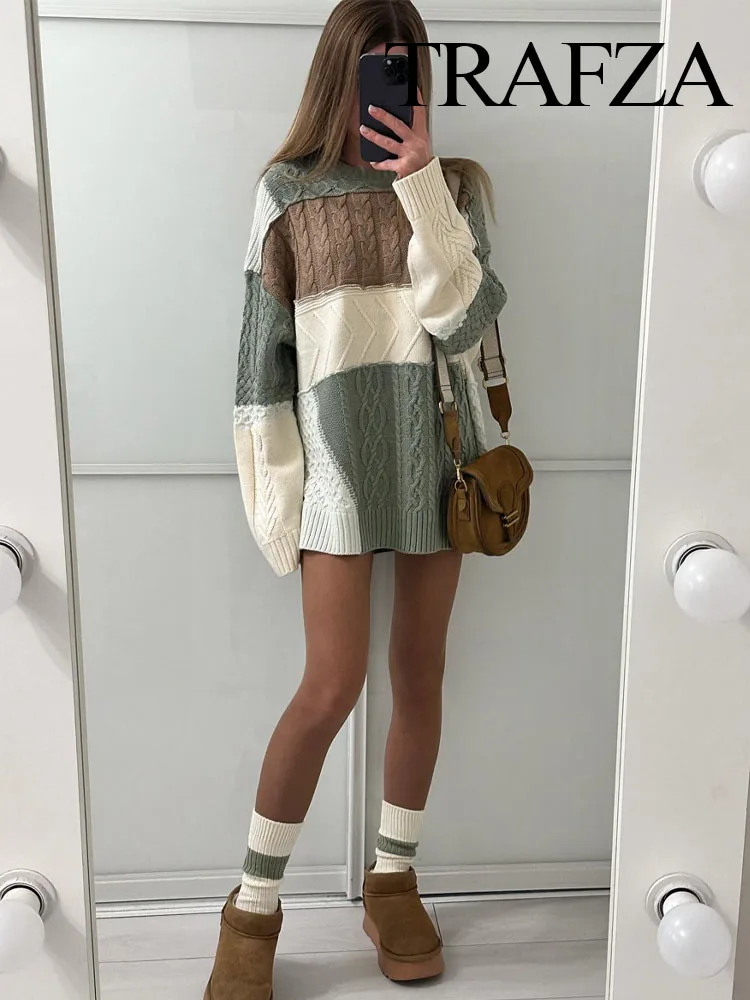 

TRAFZA 2023 Autumn Women Fashion Casual Loose Chic O Neck Long Sleeve Patchwork Pullovers Female Knitwears Long Sleeve Top Y2K