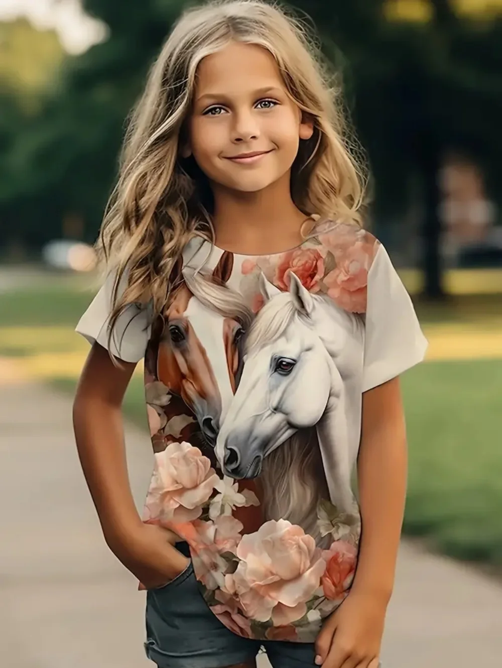 Girls' Clothing Summer Horse 3D Print Outdoor Activities Fashion Round Neck Short Sleeved T-Shirt Quick-Drying T-Shirt for Girls