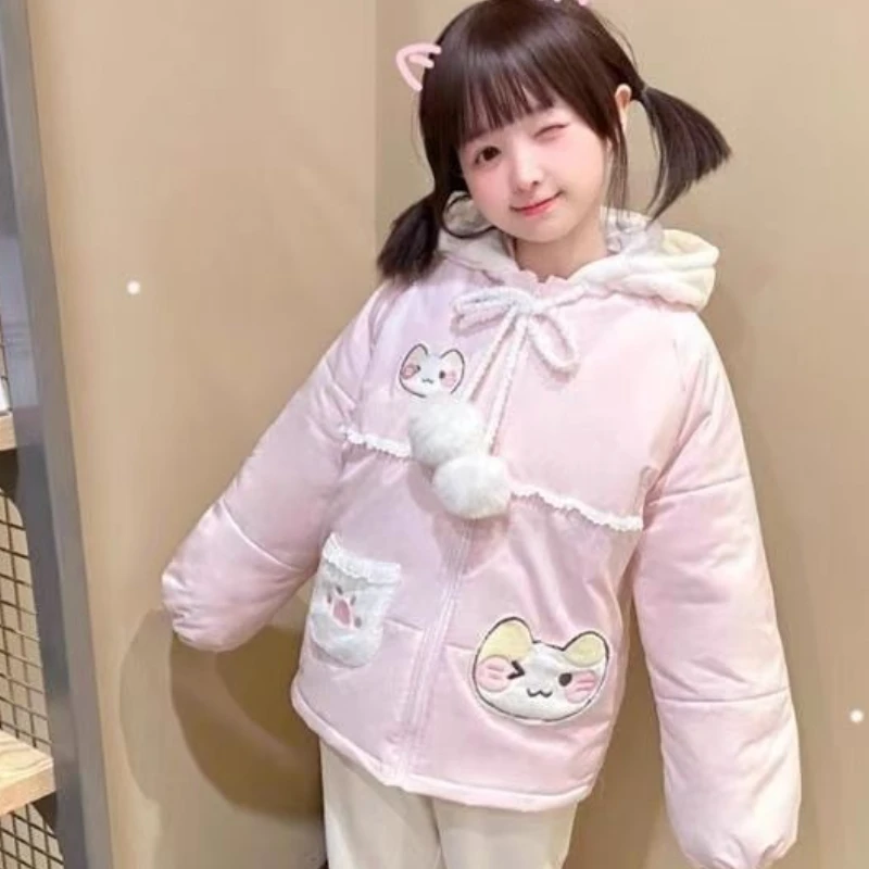 Japanese Kawaii Cartoon Embroidery Parkas Coat Women Sweet Plush Ball Cat Ears Hooded Jackets Y2k Winter Warm Lolita Padded Tops