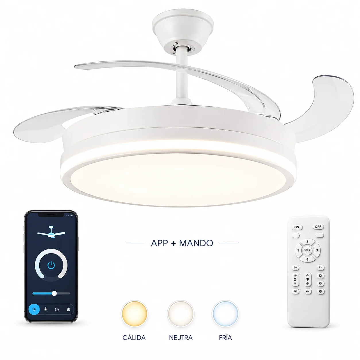Ventilador de Techo con luz LED White Aires-APP con Luz CCT Regulable y Control de Intensidad, Motor DC 30W+Luz 36W, Silencioso, 6 Velocidades, 4 Aspas Retráctiles, Temporizador.