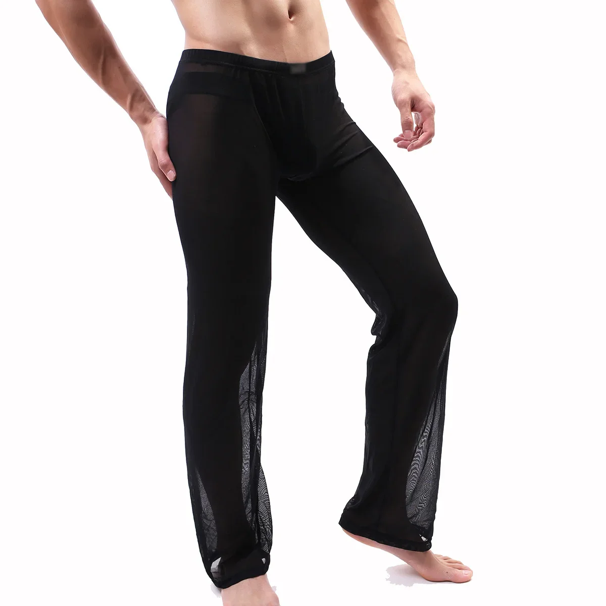 Calça masculina de pijama de malha ultrafina, cueca transparente, elasticidade solta, calça caseira casual, fundo sexy para dormir