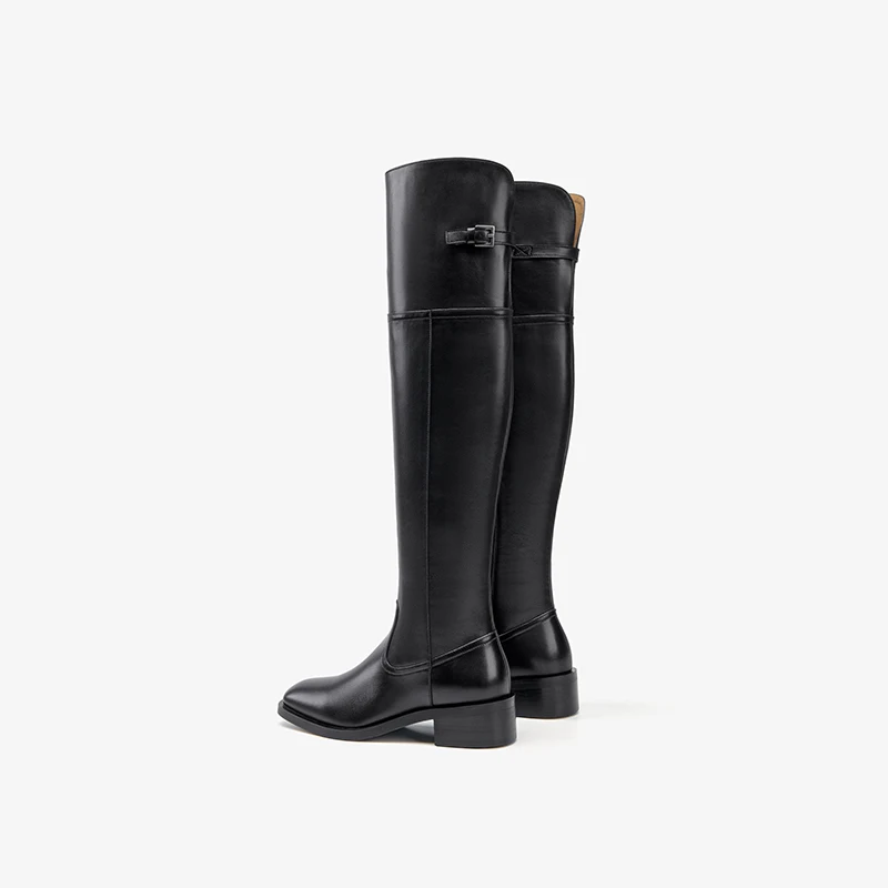 BEAUTODAY Long Boots Women Cow Leather Square Toe Buckle Decoration Zipper Turn-Over Edge Riding Boots Handmade 01050