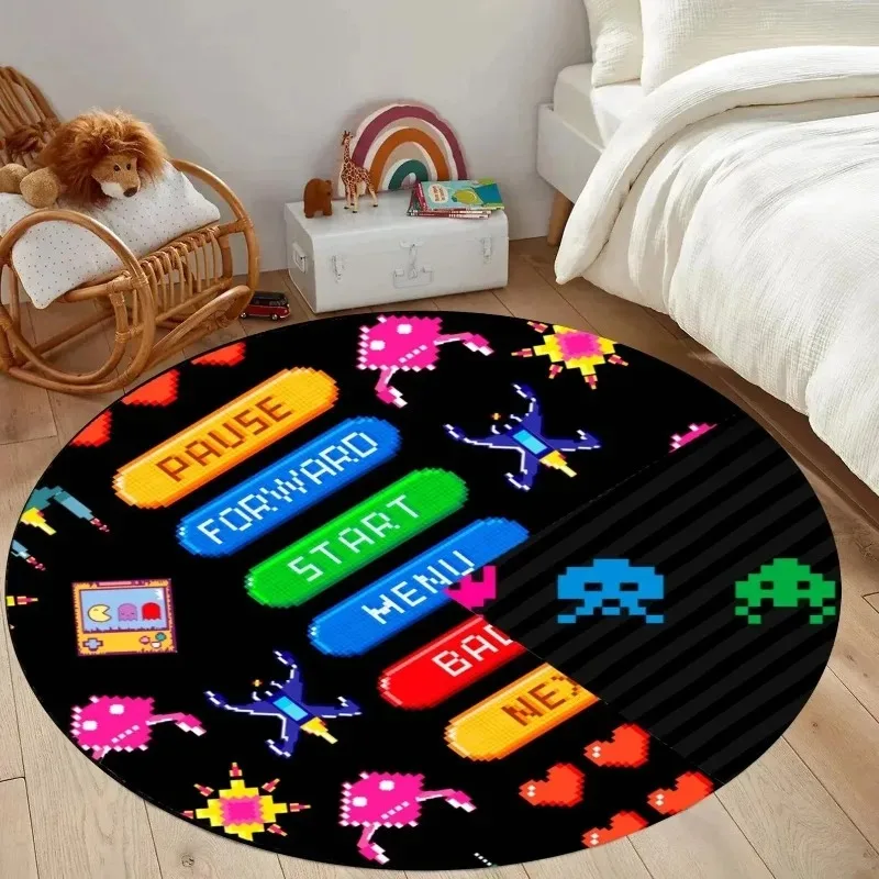 90s Arcade Rug, Video Game Carpet, Retro Gaming Round Colorful Mat for Game Room Playroom Man Cave Living Room Bedroom Decor