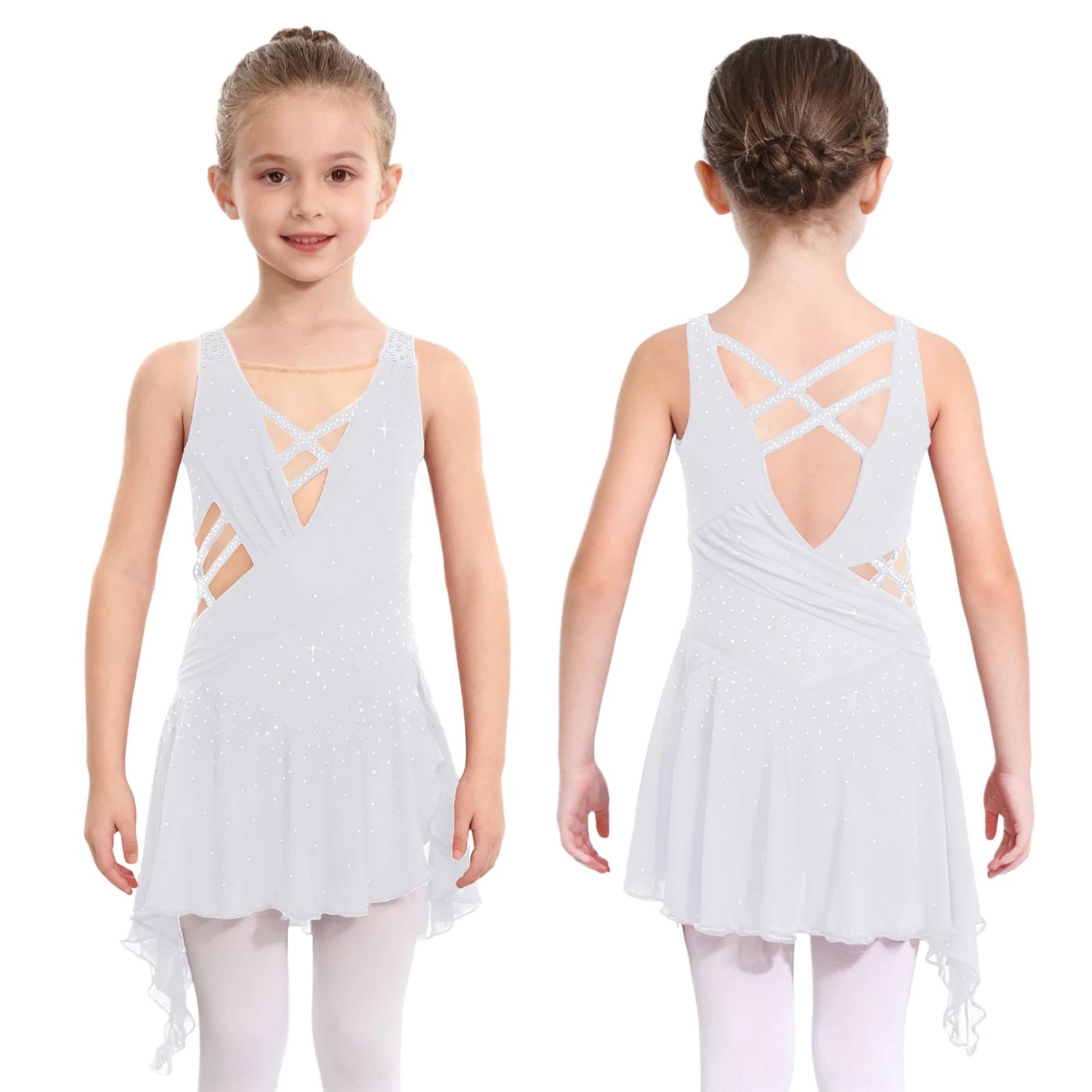 Robe justaucorps de danse de patinage artistique pour enfants filles, sans manches, en maille avec strass, Costume de spectacle de danse moderne lyrique