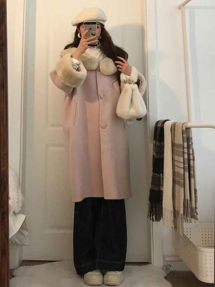 甘いピンクのウール襟スプライシングコート女性の冬の新しいSleミディアム丈ルーズウールコート優しい風Sleファイオナブル