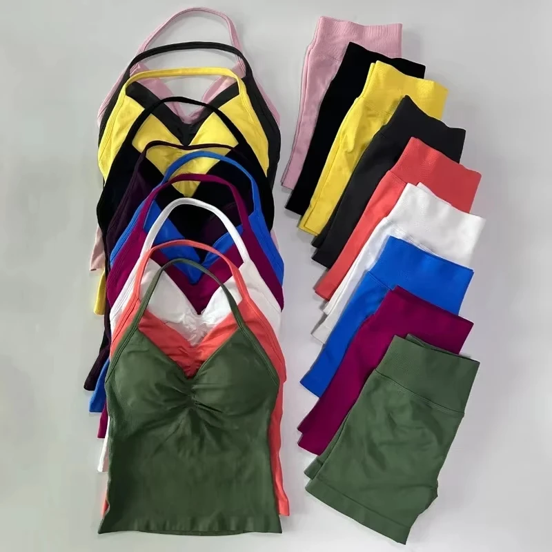 

2 Pieces Sports Set Women Backless Tank Tops High Waist Scrunch Seamless Shorts Sport Suit Gym Set Sportswear Workout Set