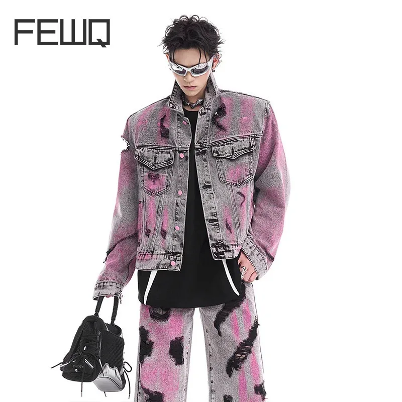 FEWQ Hole Torn Denim Men\'s Street Jacket Denim Suit 2024 Tie Dye Design Turn-down Collar Long Sleeve Male Sets Fashion 24E1516