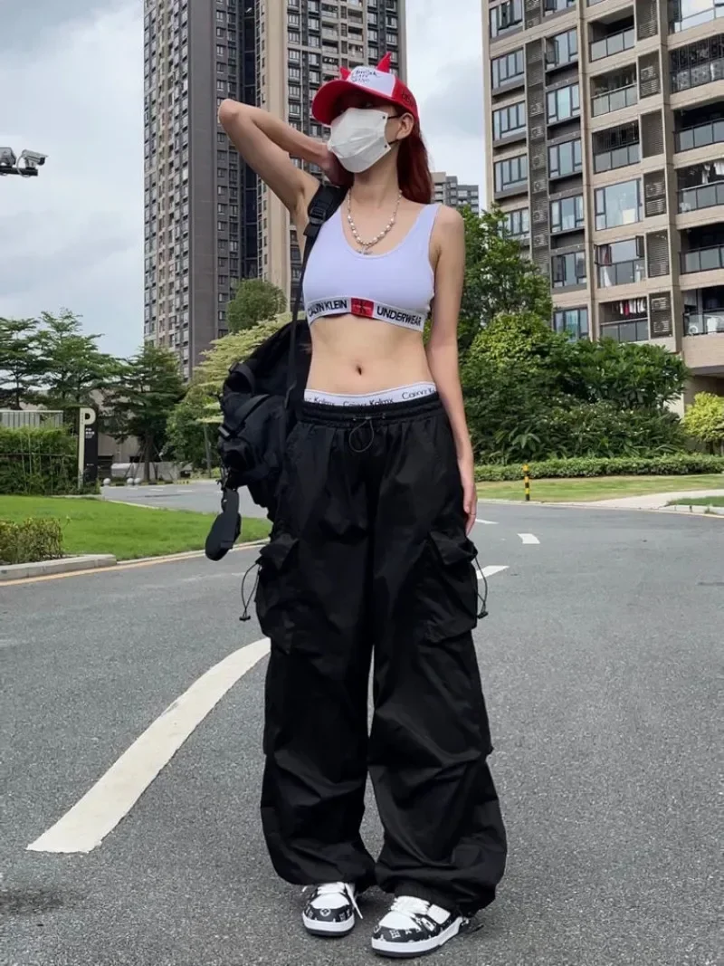 

Korean New Parachute Black Pants Women Streetwear Oversize Pockets Cargo Trousers Harajuku Wide Leg Baggy Sweatpants Y2k
