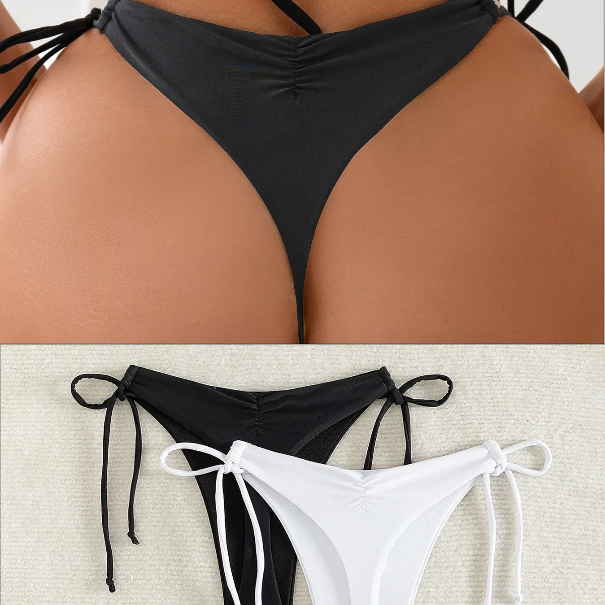 2026 New European American Women Solid Sexy Bikini Set Tie String Ruched Bottom Two Piece Summer Beach Swimwear