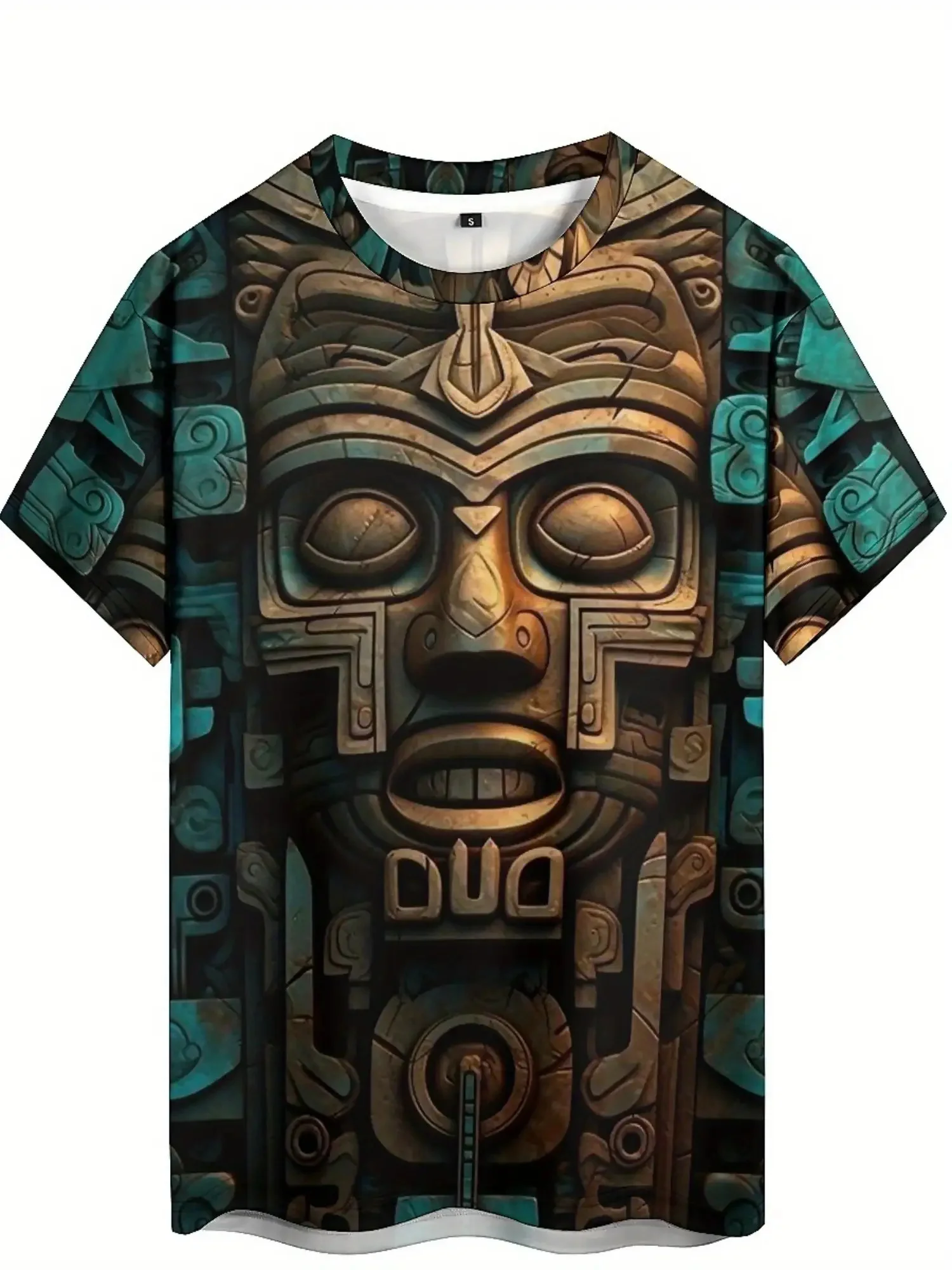 Men Short Sleeve Crew Neck T‑Shirt Ancient Totem Mask Mayan Aztec Tribal Ethnic Retro Street Casual Tops