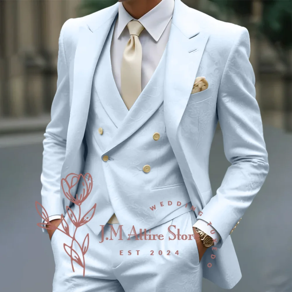 Wit jacquard herenpak 3-delig jasje vest broek formeel elegant stijlvol op maat gemaakt set voor bruiloft cocktail diner feest smoking