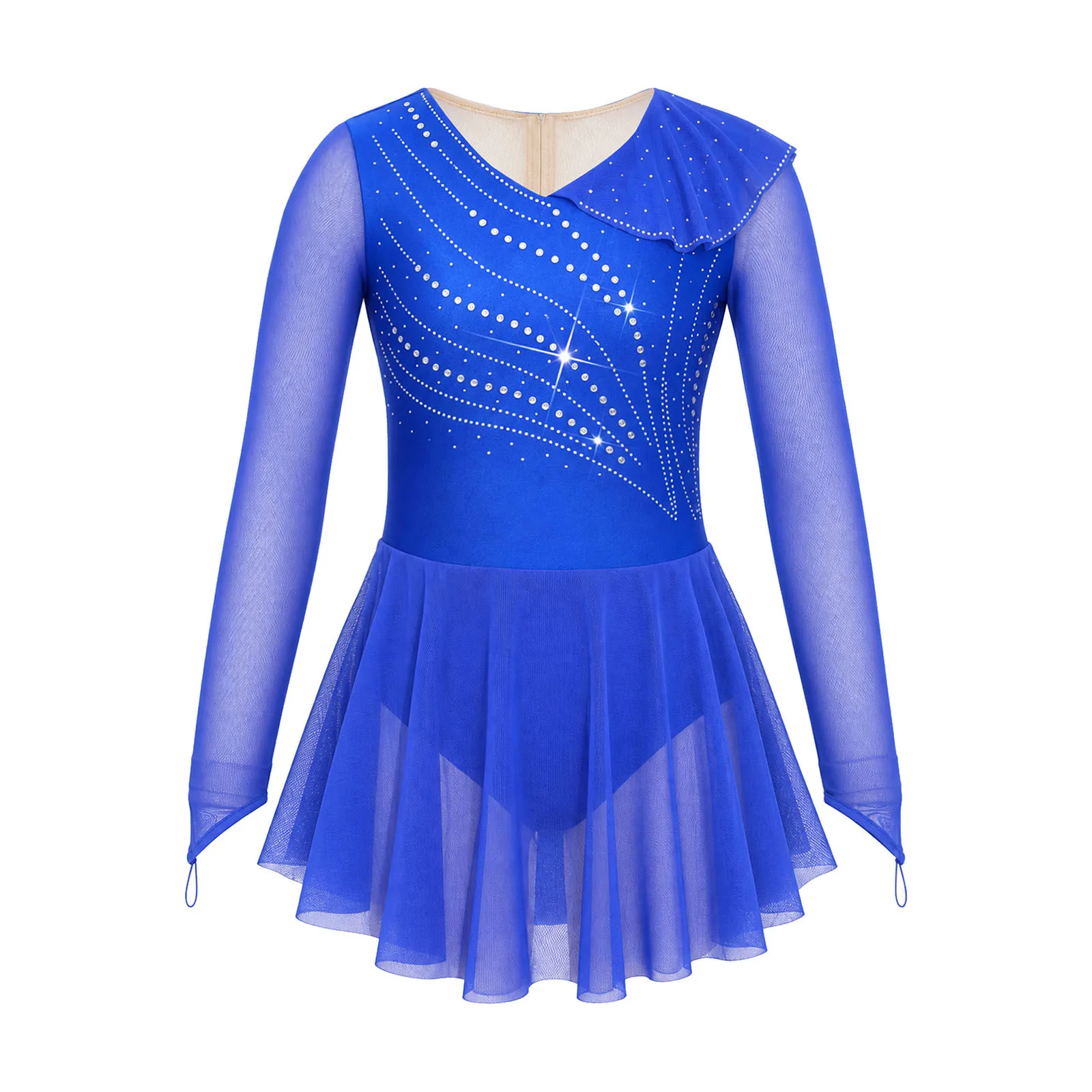 children Girls Long Sleeve Shiny Rhinestone Sheer Mesh Figure Skating Leotard Dress Gymnastics Acrobatics Ballet Dance Costume